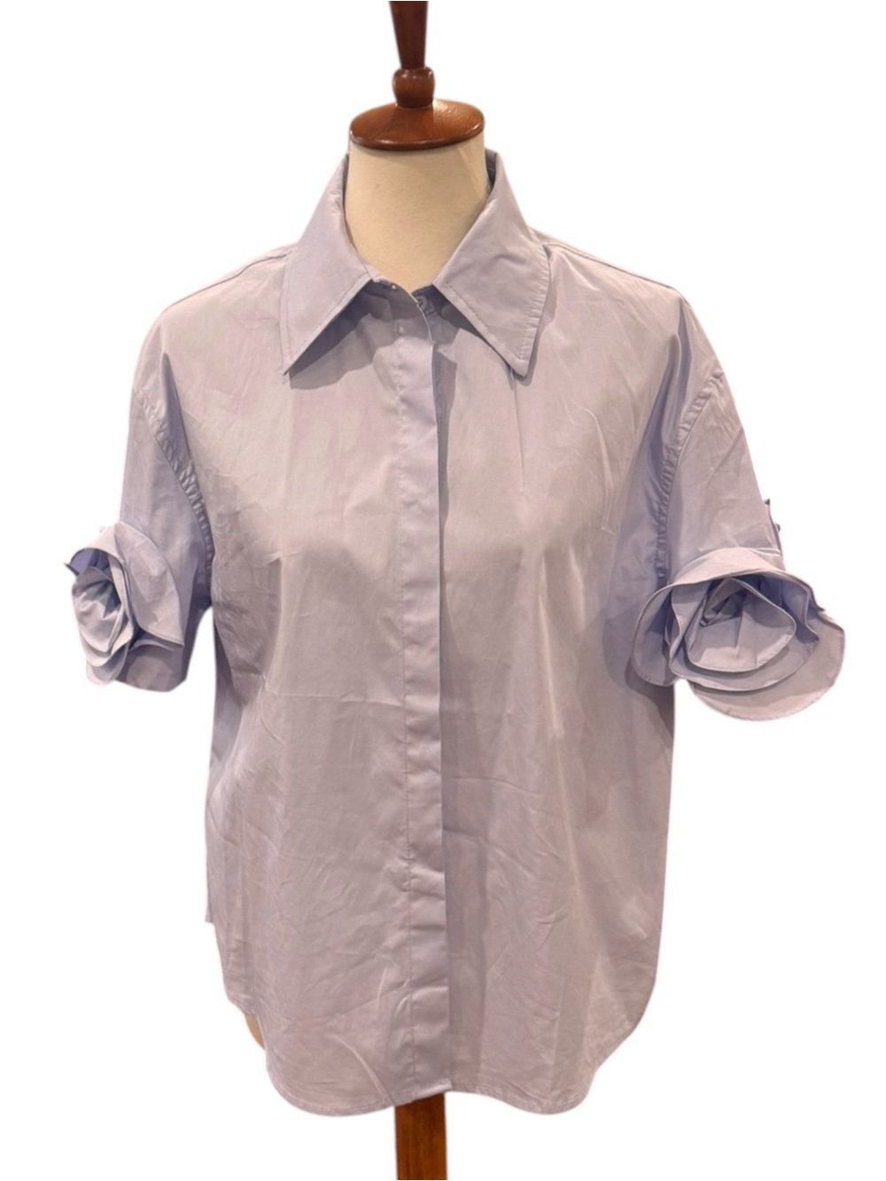 Light Blue cotton Roll flower -Sleeve Button-Front Women's Top Sz L